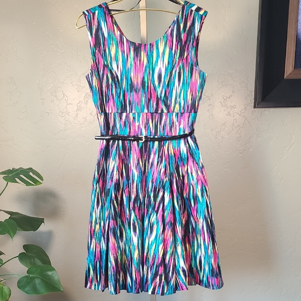 Calvin Klein Fit and Flare Sleeveless Mini Dress Blue Pink Multi Colored Size 6